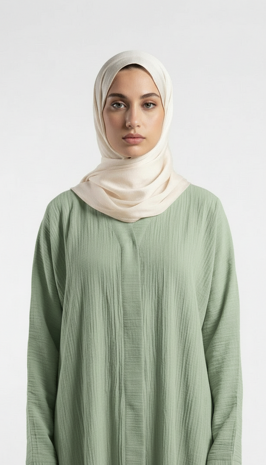 Pistachio Crushed Fabric Abaya