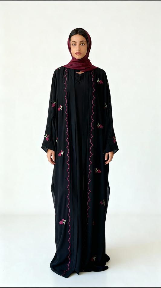 Black Embroidered Open Abaya Set